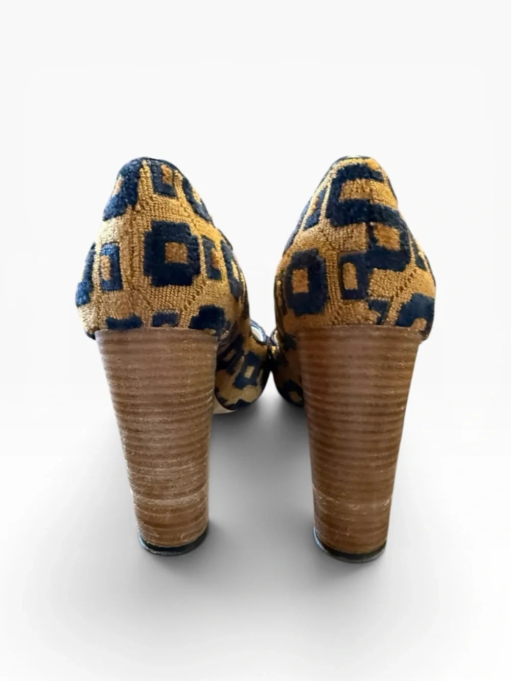 Manolo Blahnik Woven Geometric Block Heel Pumps Mustard & Black EU 38.5 US 8.5